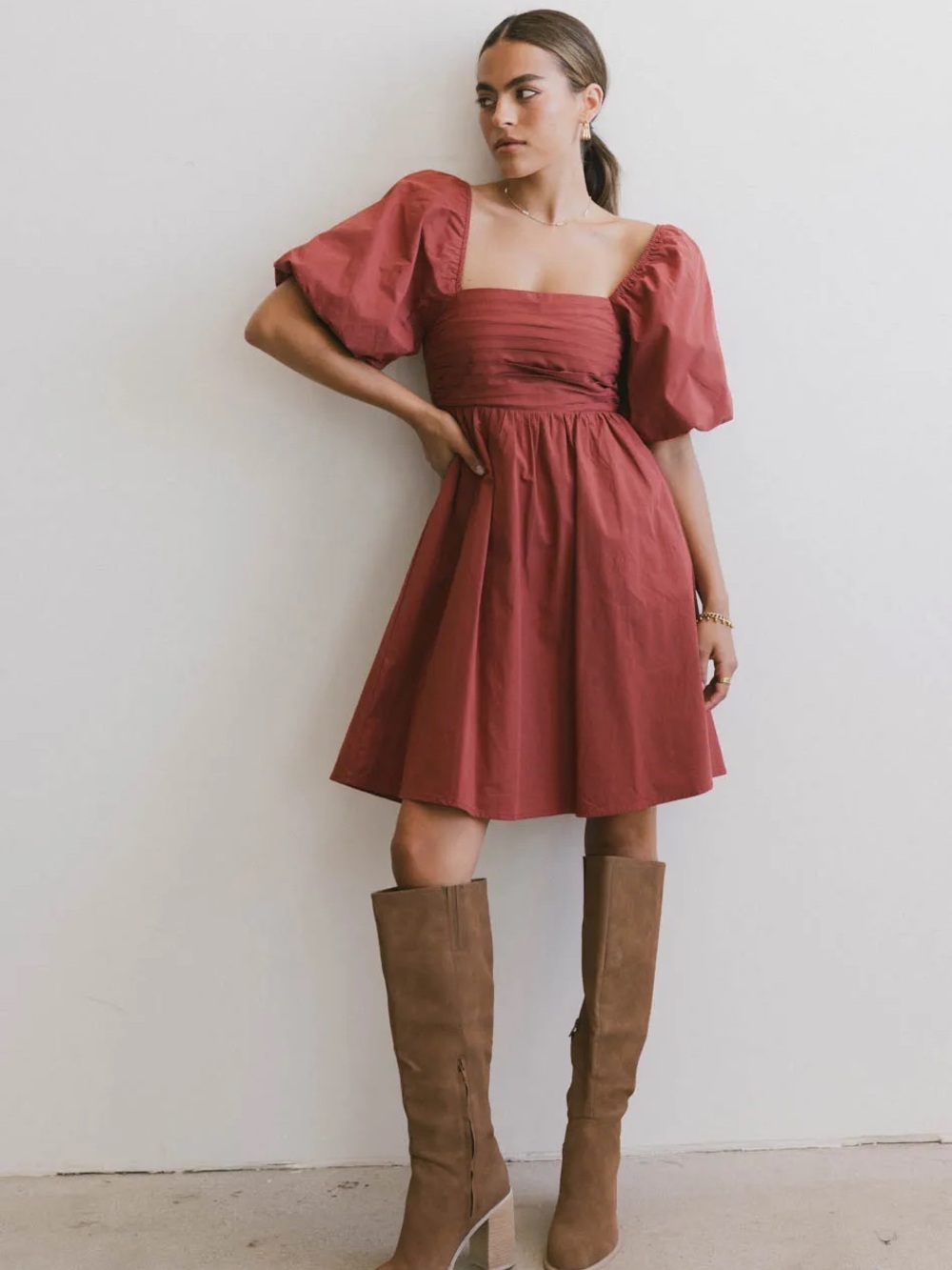 Bohme Square Neck Puff Sleeve Mini Dress in Rust